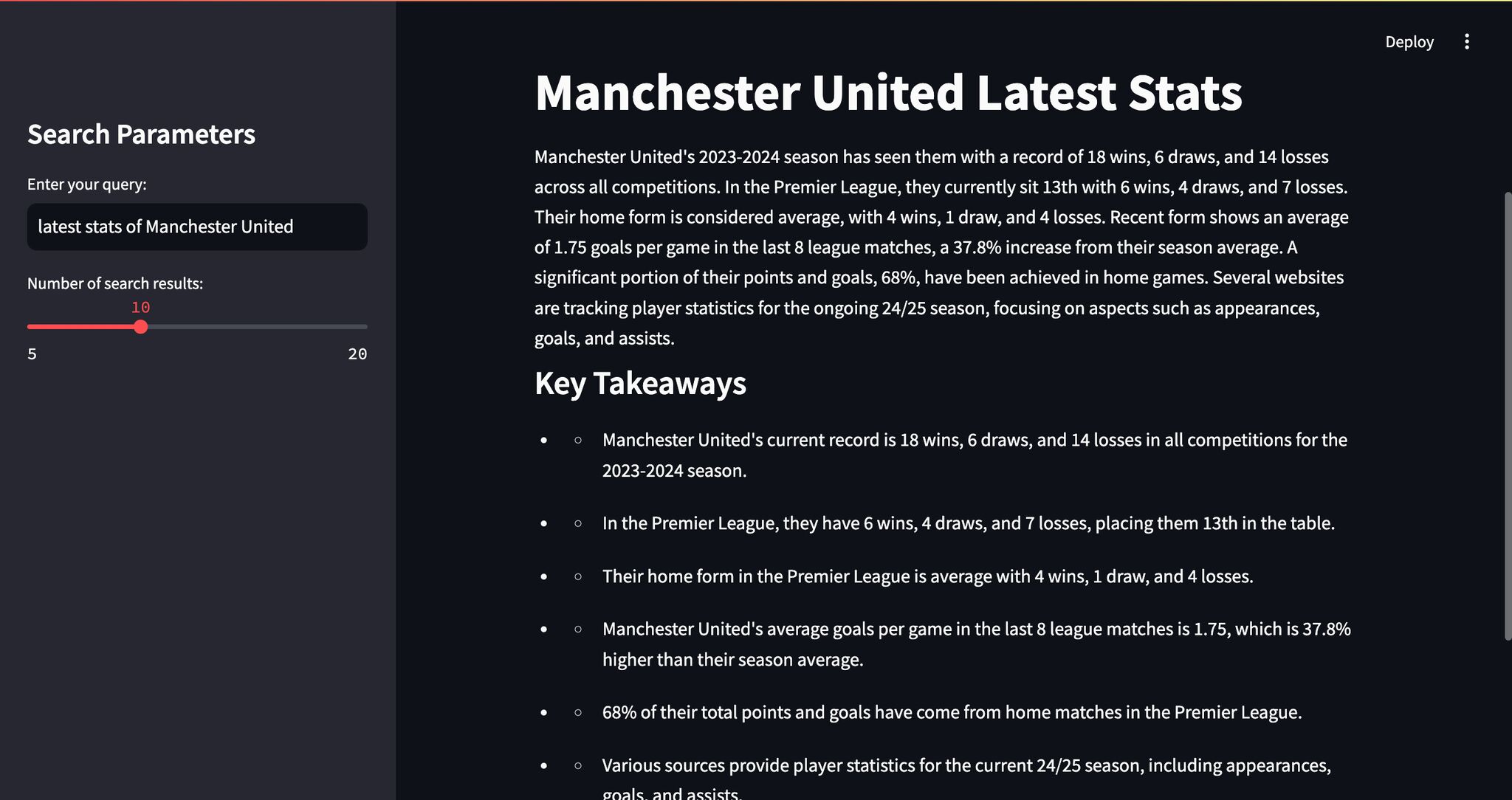 Example image of the AI News Research Agent UI