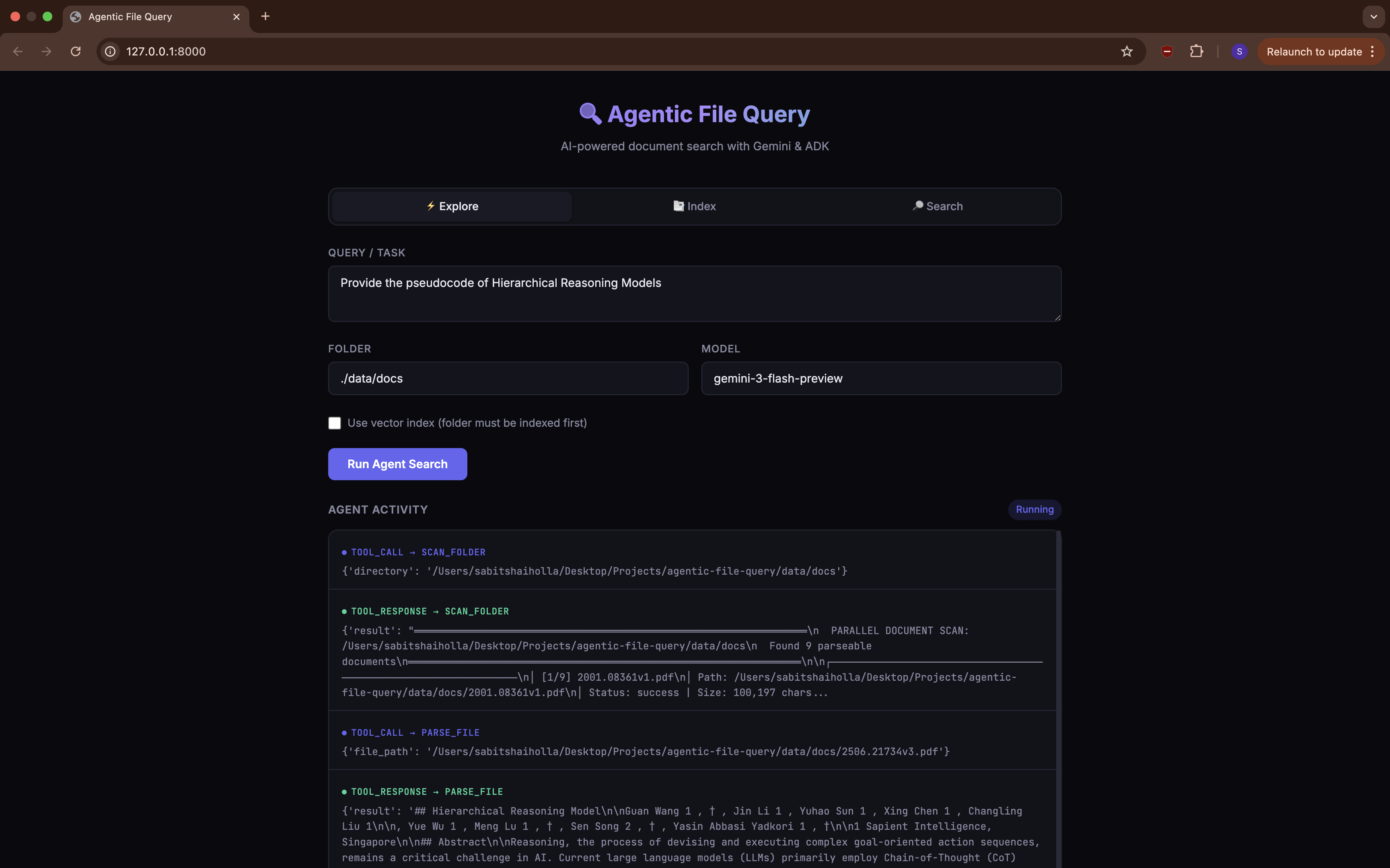 Agentic File Query — FastAPI Web UI showing the agent scanning documents and calling tools in real time